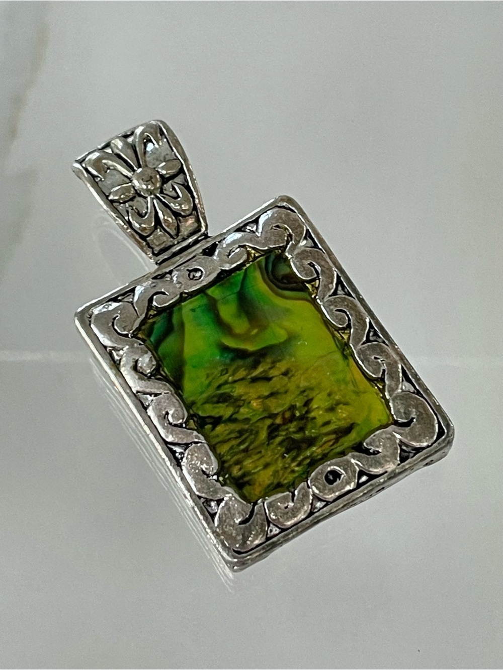 Vintage Ornate Silver Rectangular Abalone Shell Pendant